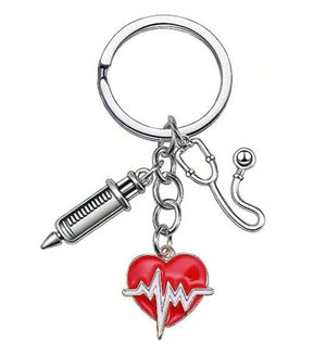 Medical Accessories-Unisex Stainless Steel Keychain With Medical Syringe, Ecg, Heart & Peach Shaped Pendant | ABC Books